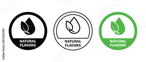 Natural flavors sign. Natural oil logo, badge, symbol, stamp, logo, logotype, sticker, emblem, mark or seal for product package. Organic flavor no artificial added chemicals