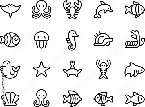 Marine life and sea creatures icon set, black and white line vector, ocean animals, nautical symbols, aquarium, shell, fish, octopus, dolphin, turtle