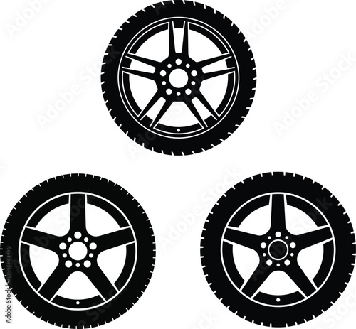 Car Wheel and Tire Rim Silhouette Icon Set Vector Illustration