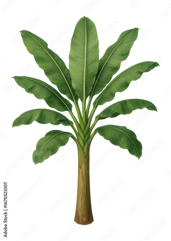 Fototapeta premium Fully grown banana plant with large, elongated leaves and a thick central pseudostem