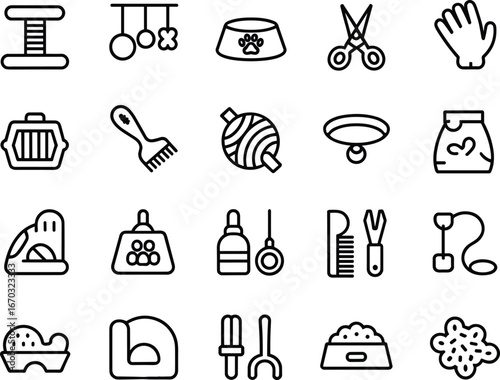Pet care accessories, grooming tools, feeding bowls, litter box essentials, toys, carriers, brushes, collars, and veterinary items, black and white outline icons set vector illustration