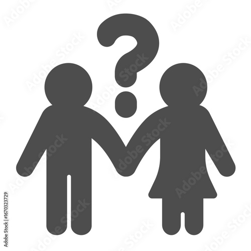 Man and woman with question tag solid icon, family therapy concept. Vector graphics. Couple relationship dilemma, mental sign on white background, glyph style icon for mobile or web design.