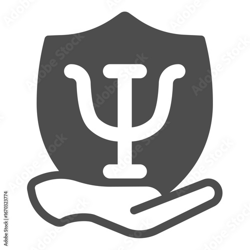 Shield with trident in hand solid icon, family therapy concept. Vector graphics. Hand with psychiatry emblem, mental sign on white background, glyph style icon for mobile or web design.