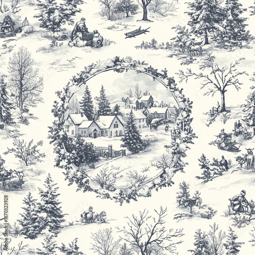 A classic toile de Jouy pattern, winter village
