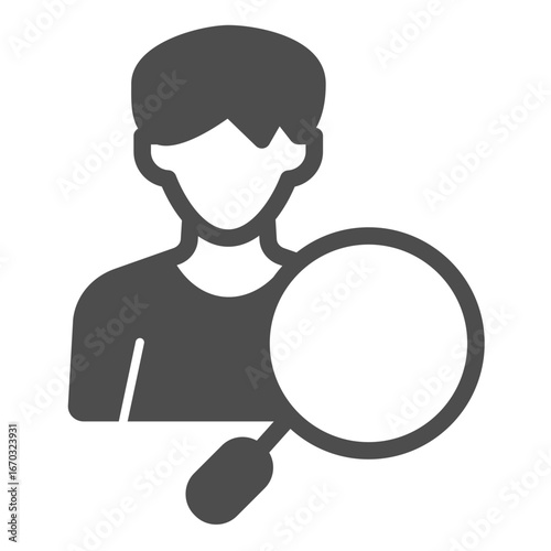 Man with magnifier solid icon, recruitment concept. Vector graphics. Young man and magnifying glass, profile sign on white background, glyph style icon for mobile or web design.