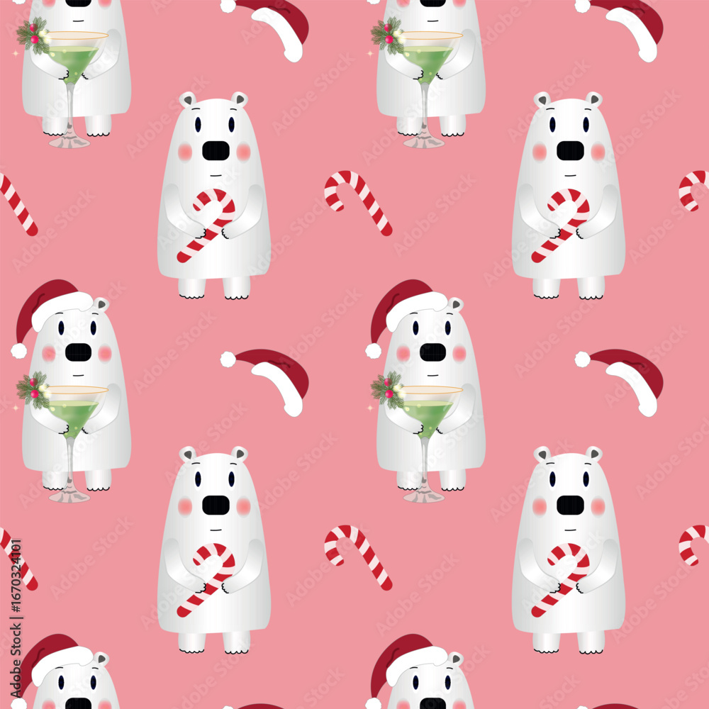 Fototapeta premium Cute Christmas polar bear seamless pattern on pink background