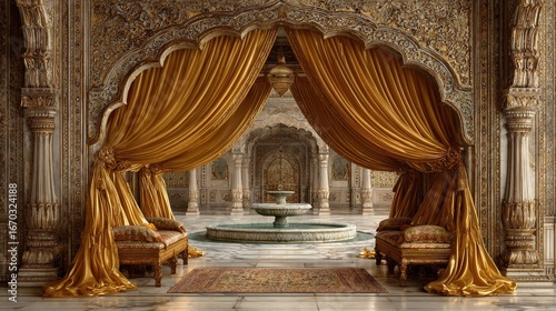 Luxurious palace interior with golden drapes