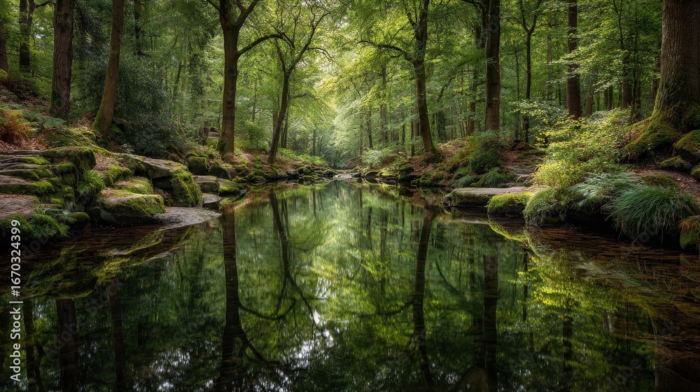Fototapeta premium Lush green forest reflected in the calm water of a river flowing through mossy rocks