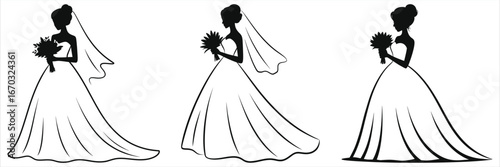 Bridal silhouette vector set – elegant bride holding bouquet with flowing wedding gown and veil, three graceful black and white poses for invitations, logos, decor, fashion design clip art