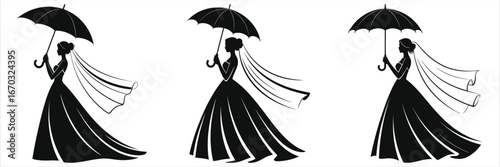 Elegant bride silhouette set with umbrella. Black and white vector graphic of a woman in wedding dress and veil. Isolated romantic icon for marriage invitation or bridal shower design.
