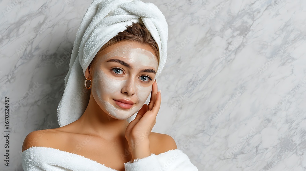 Obraz premium Young Woman with Facial Mask and Towel on Head Relaxing at Home Spa