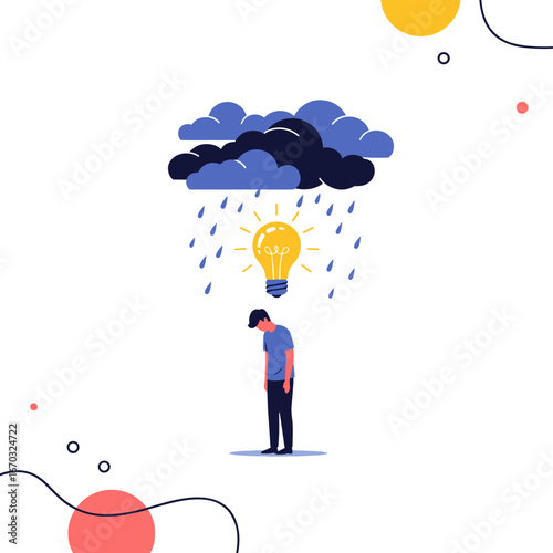 Creative block illustration showing sadness and idea drought with a lightbulb under rainy clouds