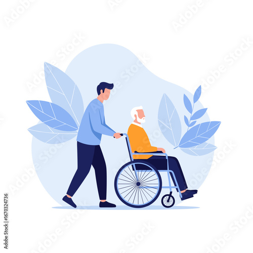 Caring young man pushing senior patient in wheelchair with love and compassion, offering support