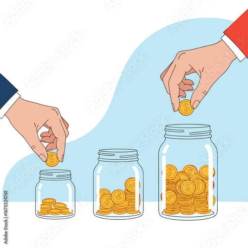 Grow your savings now! Hands adding gold coins into glass jars for financial success and future income