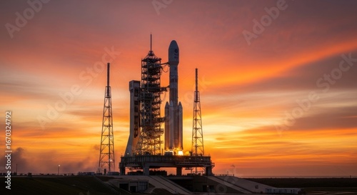 Silhouetted rocket launchpad at sunrise