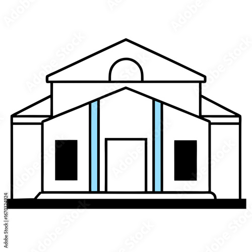 “Minimalist white modern building against blue sky, clean design”