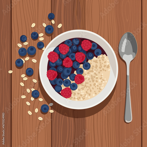 Start your day with a vibrant bowl of oatmeal topped with fresh blueberries and raspberries for energy