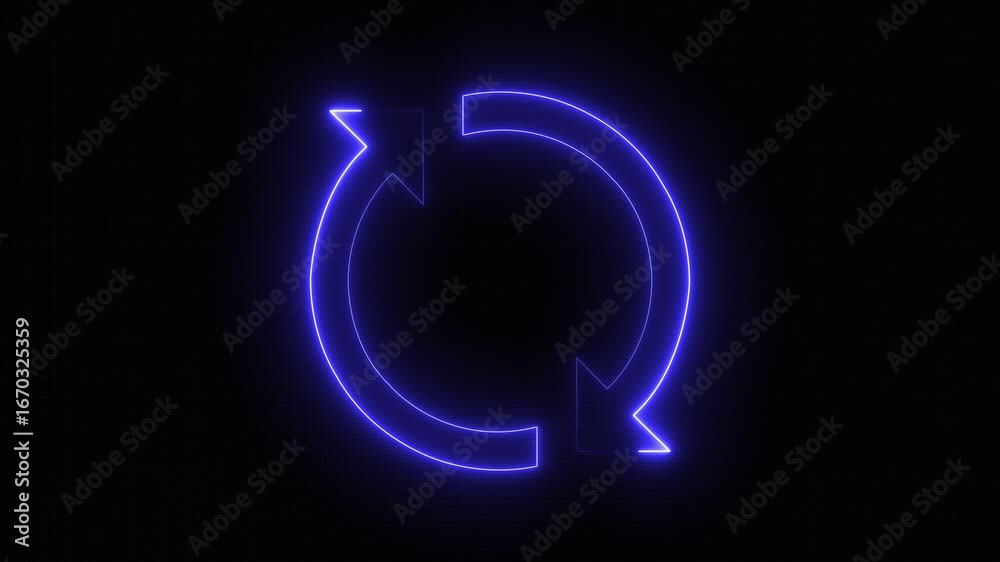 Neon line refresh arrow icon on black background. Abstract beautiful neon refresh and recycle icon animation background. 4k video motion graphic