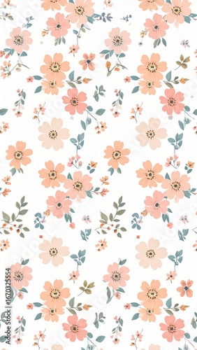 Delicate Peach and Blush Floral Pattern with Sage Green Leaves on White.