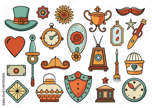 Vector art of assortment of vintage and steampunk themed icons featuring a top hat, pocket watch, trophy, airplane, and building