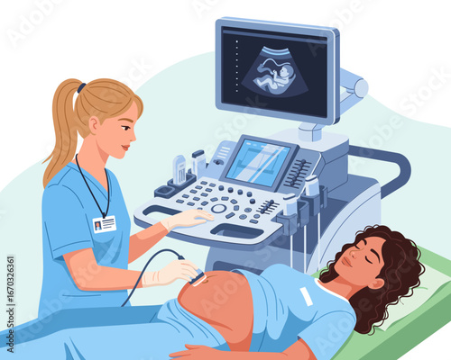 Pregnant Woman Receiving Prenatal Ultrasound Scan by Healthcare Professional in Modern Medical Facility