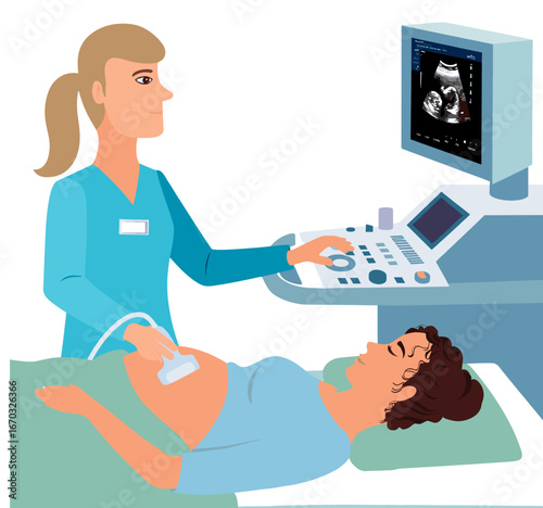 Pregnant Woman Receiving Prenatal Ultrasound Scan by Healthcare Professional in Modern Medical Facility