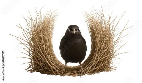 Male bowerbird's collection of blue objects around his bower structure
