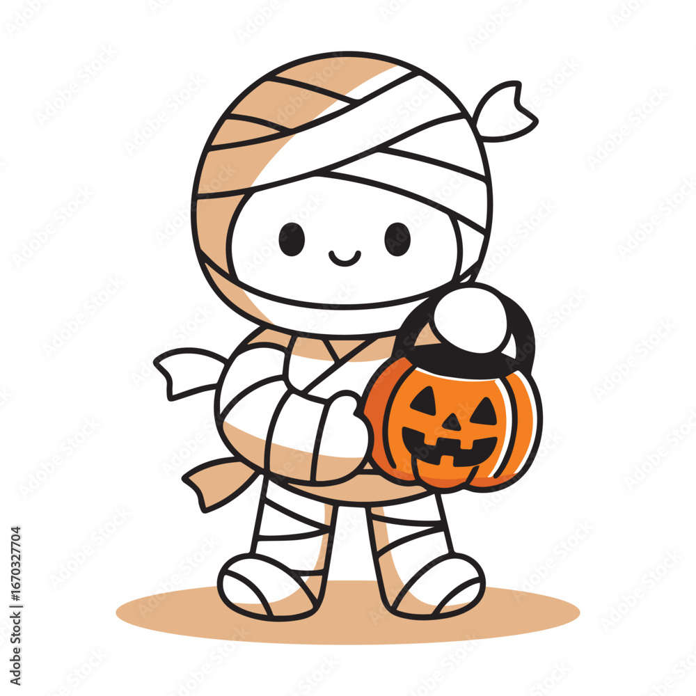 Naklejka premium Little mummy illustration, a happy mummy holding a pumpkin