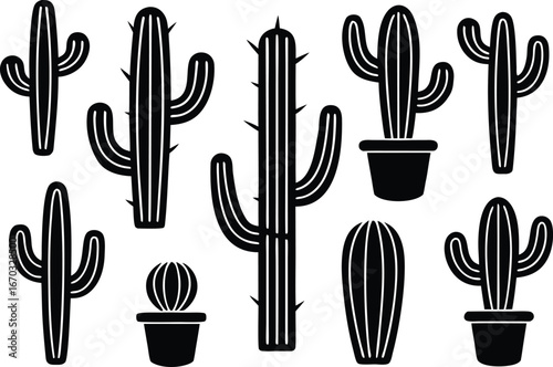 Black and White Cactus Illustration with Various Shapes and Sizes Desert Plant Composition Botanical Illustration