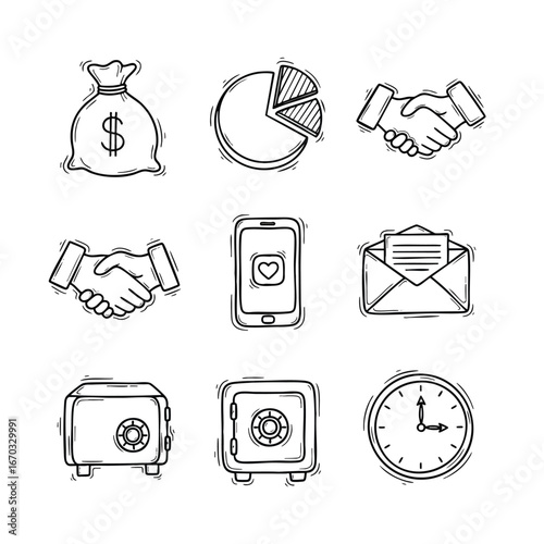 Line art of money bag pie chart handshake phone safe and clock arranged on a white background
