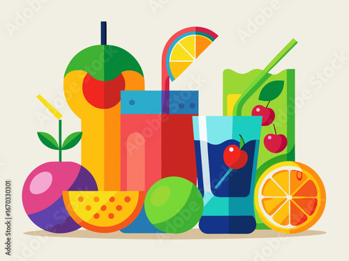 Vibrant abstract collection of fresh juices and fruits