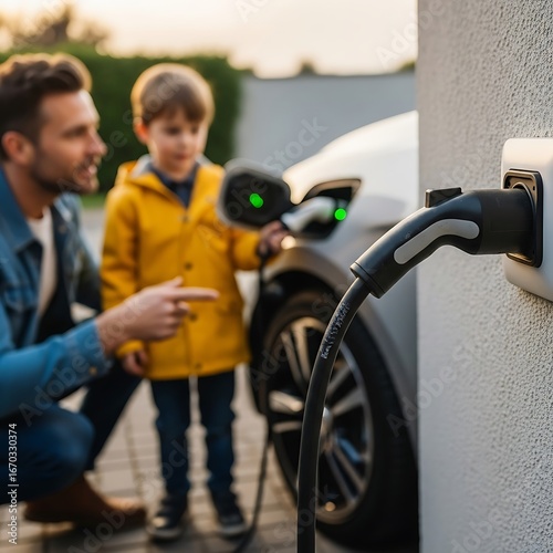 Father and son at home EV charging station