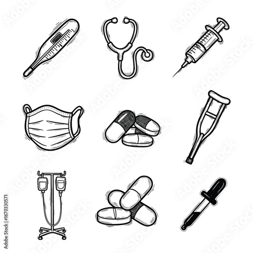Nine medical illustrations depict thermometer stethoscope syringe mask pills crutch IV stand  dropper