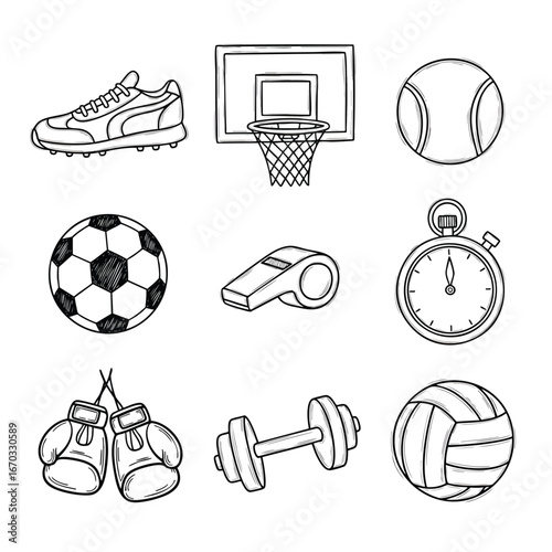 Nine outlined sports items shoe hoop ball soccer ball whistle timer gloves dumbbell volleyball