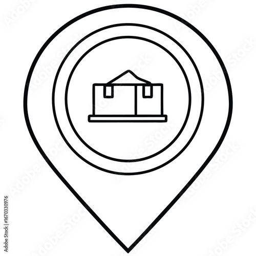 Vector art of line art icon of a map pin with a building inside a circle