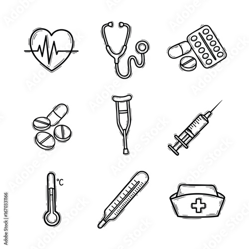 Sketched medical symbols arranged in a grid heartbeat stethoscope drugs crutch syringe thermometer and nurses cap