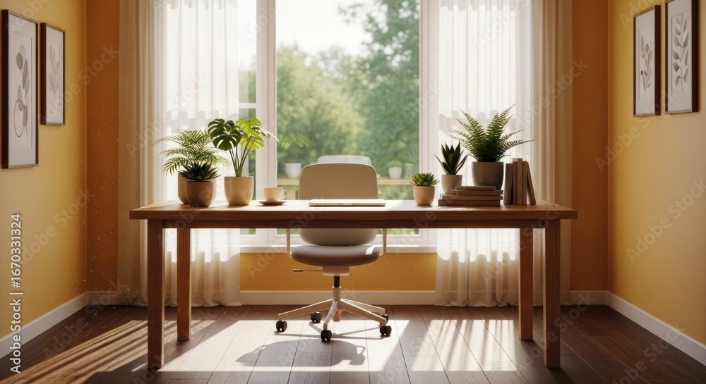 Fototapeta premium Sunny home office with wooden desk, plants, and window view
