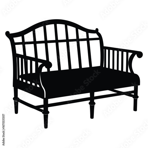 Vector art of black silhouette of a classic twoseater bench with a slatted back and armrests
