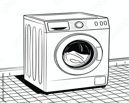 Front view of a white, isolated washing machine appliance, a vector illustration for household cleaning technology