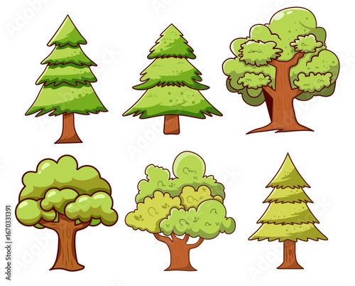 A collection of six stylized cartoon trees, featuring two evergreen conifers and four deciduous trees with lush green foliage.