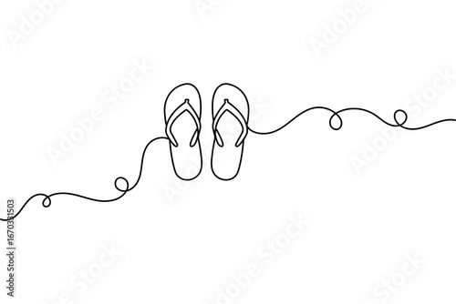 Continuous one line drawing of beach slippers sandals minimalist style outline vector isolated illustration back and white
