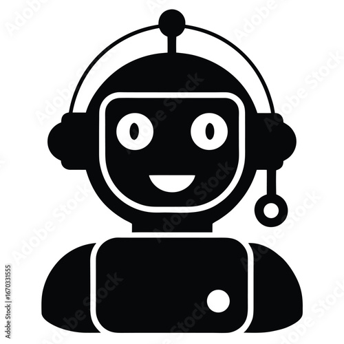 Vector art of a friendly robot icon with headphones and a microphone, symbolizing technology, artificial intelligence, and customer support