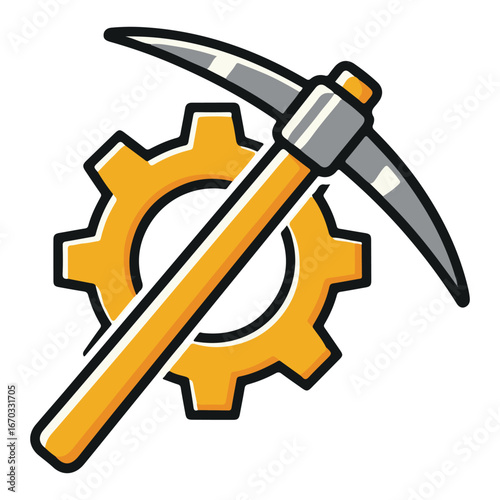 Illustration of a pickaxe and gear, symbolizing industry, mining, construction, or engineering.