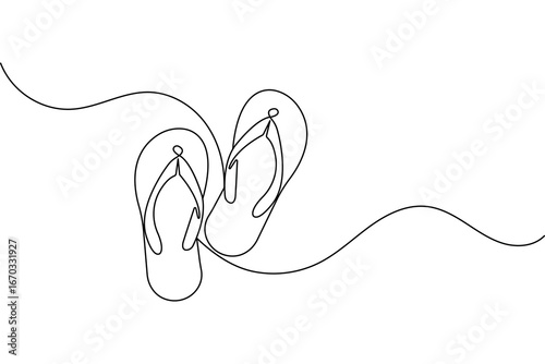 Continuous one line drawing of beach slippers sandals minimalist style outline vector isolated illustration back and white
