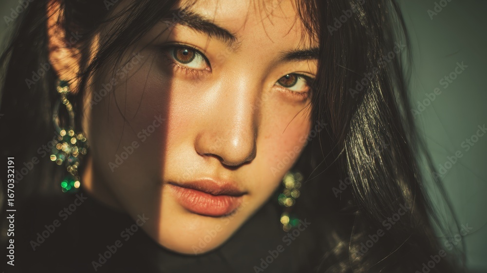 Fototapeta premium Close up portrait of a young Asian woman with elegant earrings, illuminated by dramatic lighting, creating a captivating and stylish image