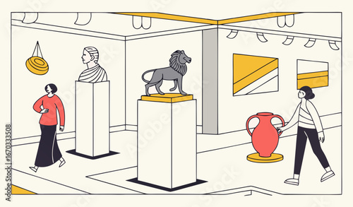 Modern sculpture exhibition at museum vector illustration. Drawing of sculptural showcase at gallery, sculptures of human head, lion, horse, vase and abstract shape. Creativity, art exhibition concept