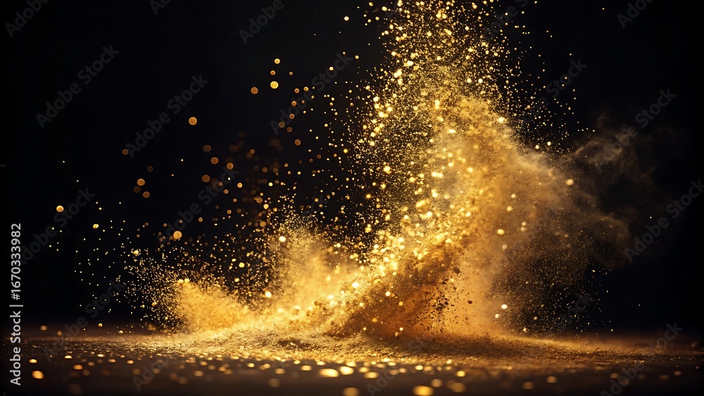 Fototapeta premium Sparkling gold powder explodes creating a dazzling, luminous splash against a dark background