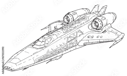 Futuristic spaceship design, line art illustration, science fiction vehicle, fantasy transport