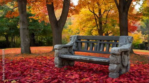 bench in the park, bench in autumn park, Rustic Stone Bench Amidst Autumn Leaves