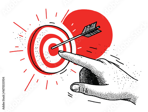 Achieving goals and targeting success illustrated with hand pointing arrow hitting bullseye target as a symbol of accuracy and performance